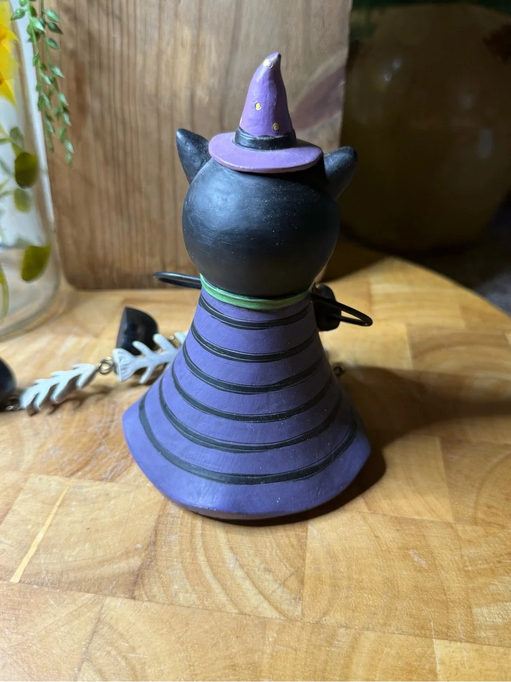 Whimsical Halloween Witch Cat Figurine with Dangling Skeleton Legs & Pumpkin